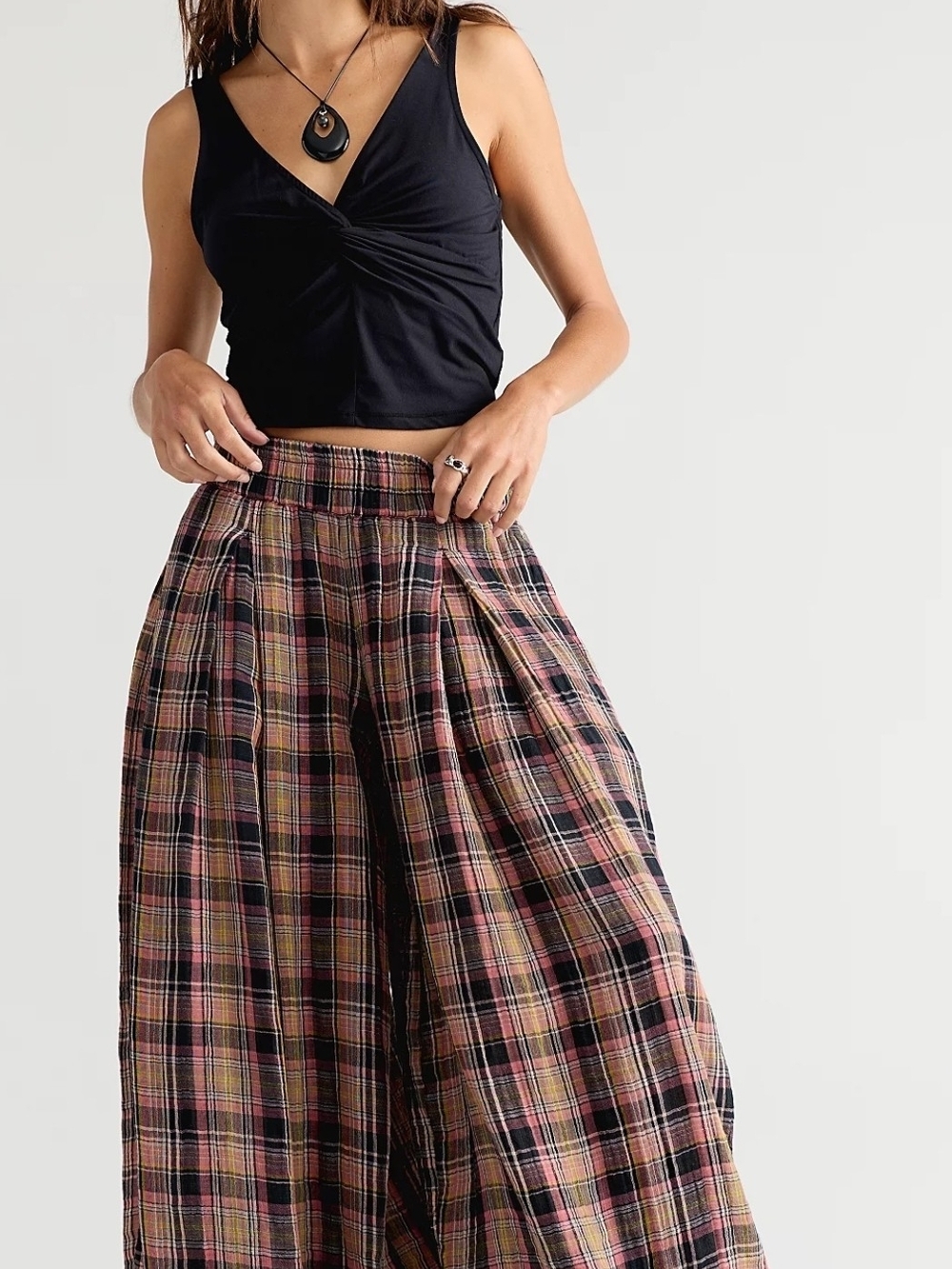 FREE PEOPLE✨ Moonflower Plaid Balloon Pants✨ Black/Pink Multicolor